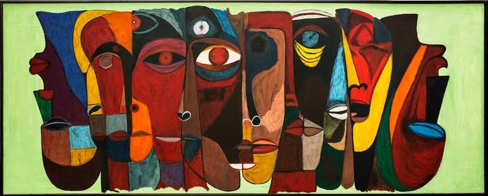 Obra AV — 77, acrílico sobre tela, 300 × 115 cm, de Ana Vélez — «Homenaje a Guayasamín con un toque de Vélez»